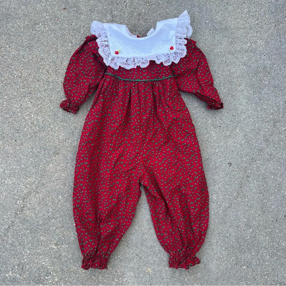 Vintage Bryan red green Christmas Holly Jumpsuit with White Bib Collar 2T